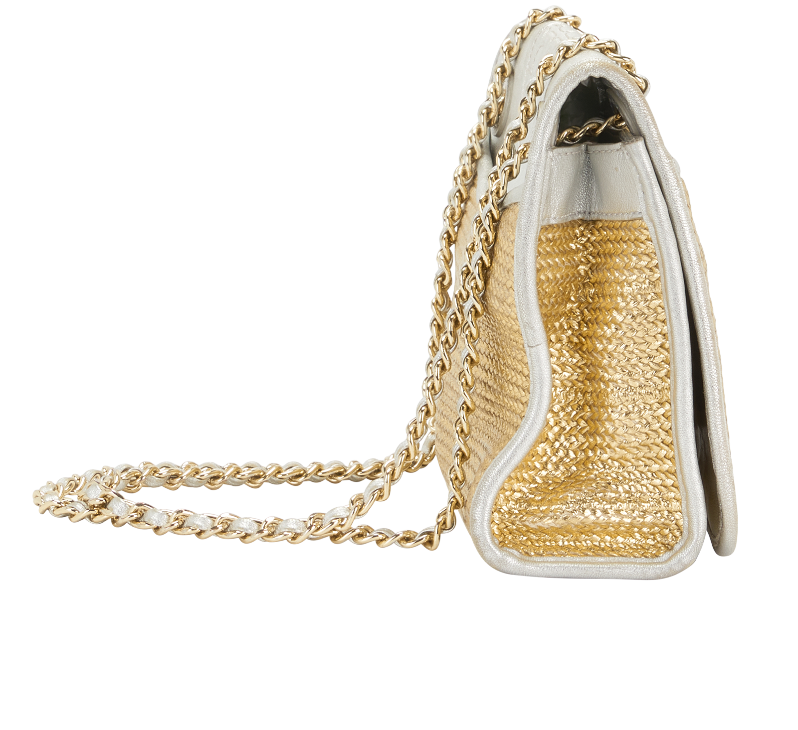 Flap Shoulder Bag, &pound;90, Handbags, Beige/Silver, Raffia, Side view